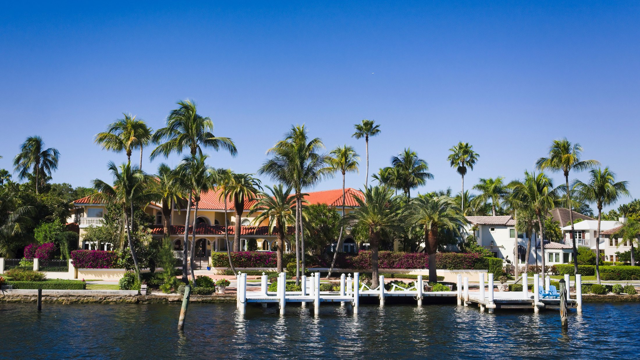 Distinct waterfront residence and landscaping in the South Florida coastal corridor
